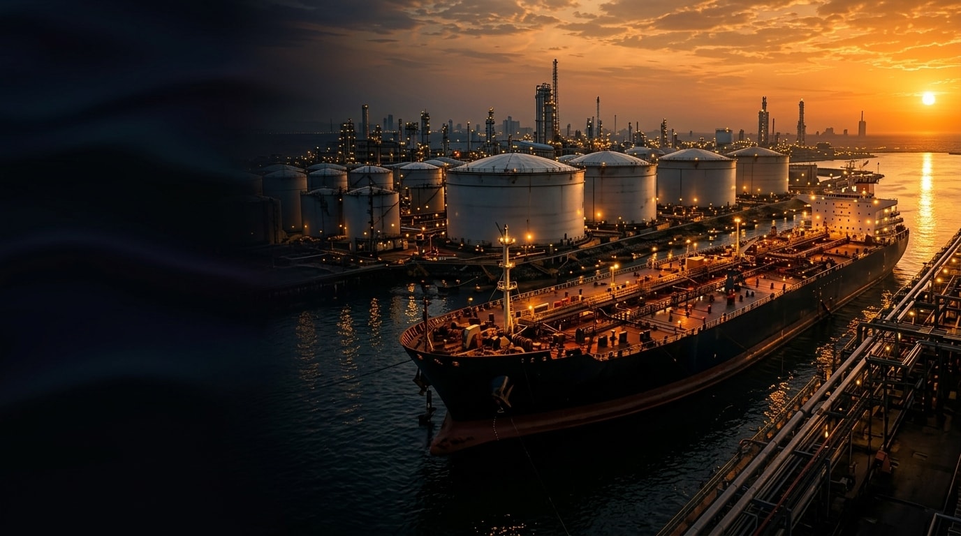 Petroleum refinery illuminated at night